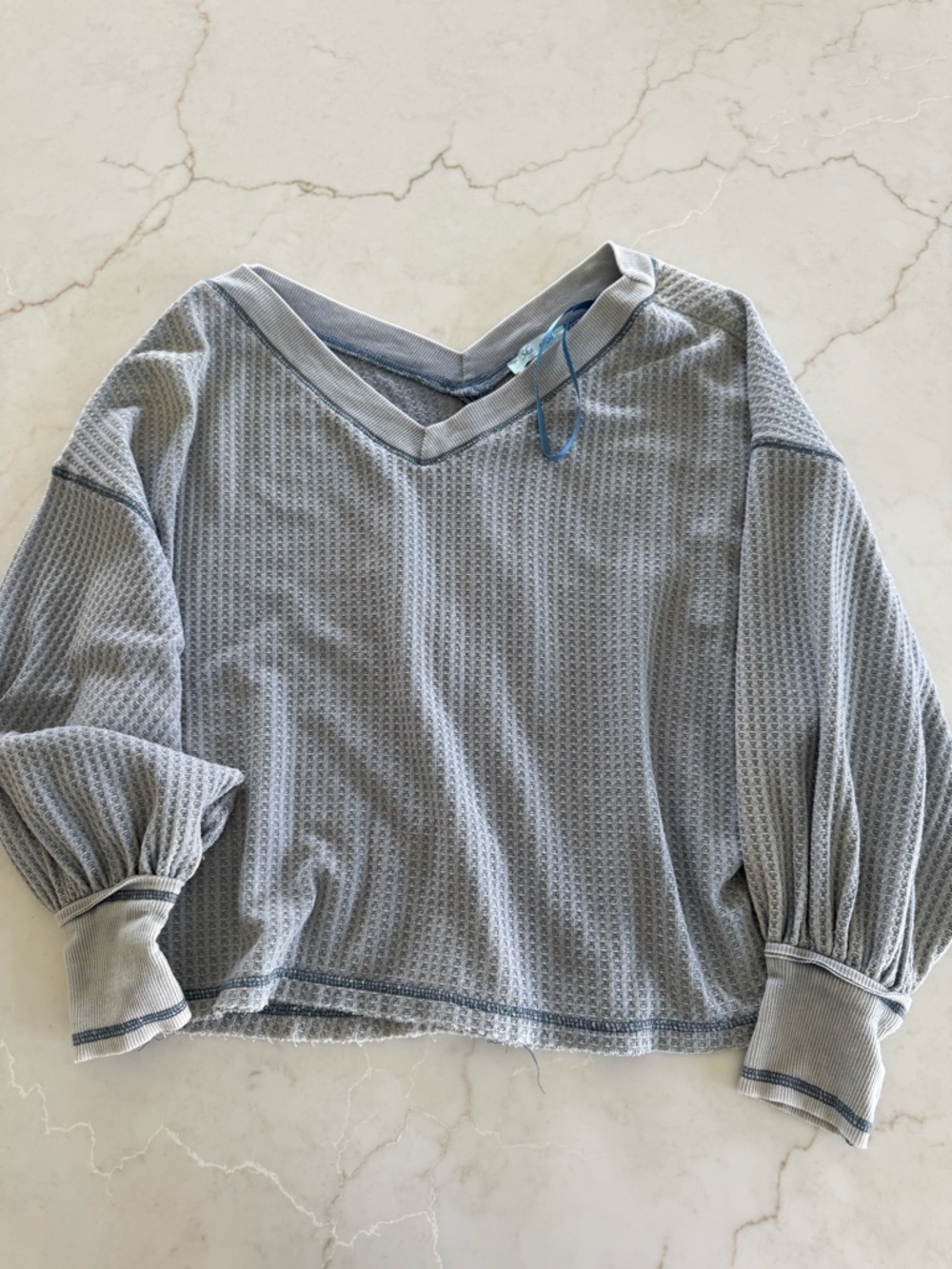 She + Sky Gray Waffle Knit Top with Blue Ribbon Detail